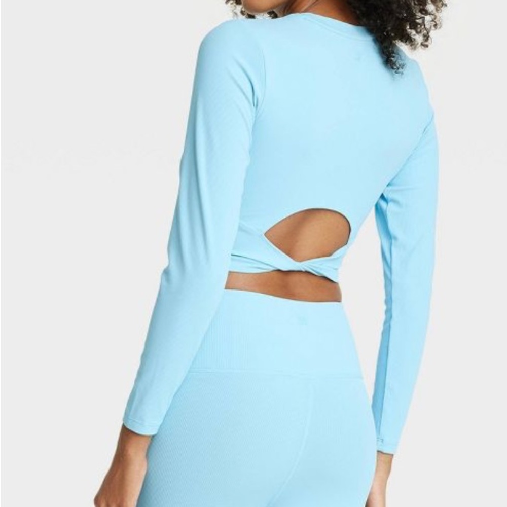 All in Motion Light Blue Twist Back Rib Long Sleeve Top